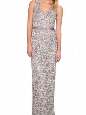 BCBGMAXAZRIA Nadir Silver Lace Gown Sz 2 Formal Evening Maxi Dress Missing Belt